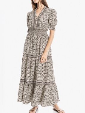 Max Studio Brown Floral Short Sleeve Smocked Tiered Boho Maxi Dress Cottagecore